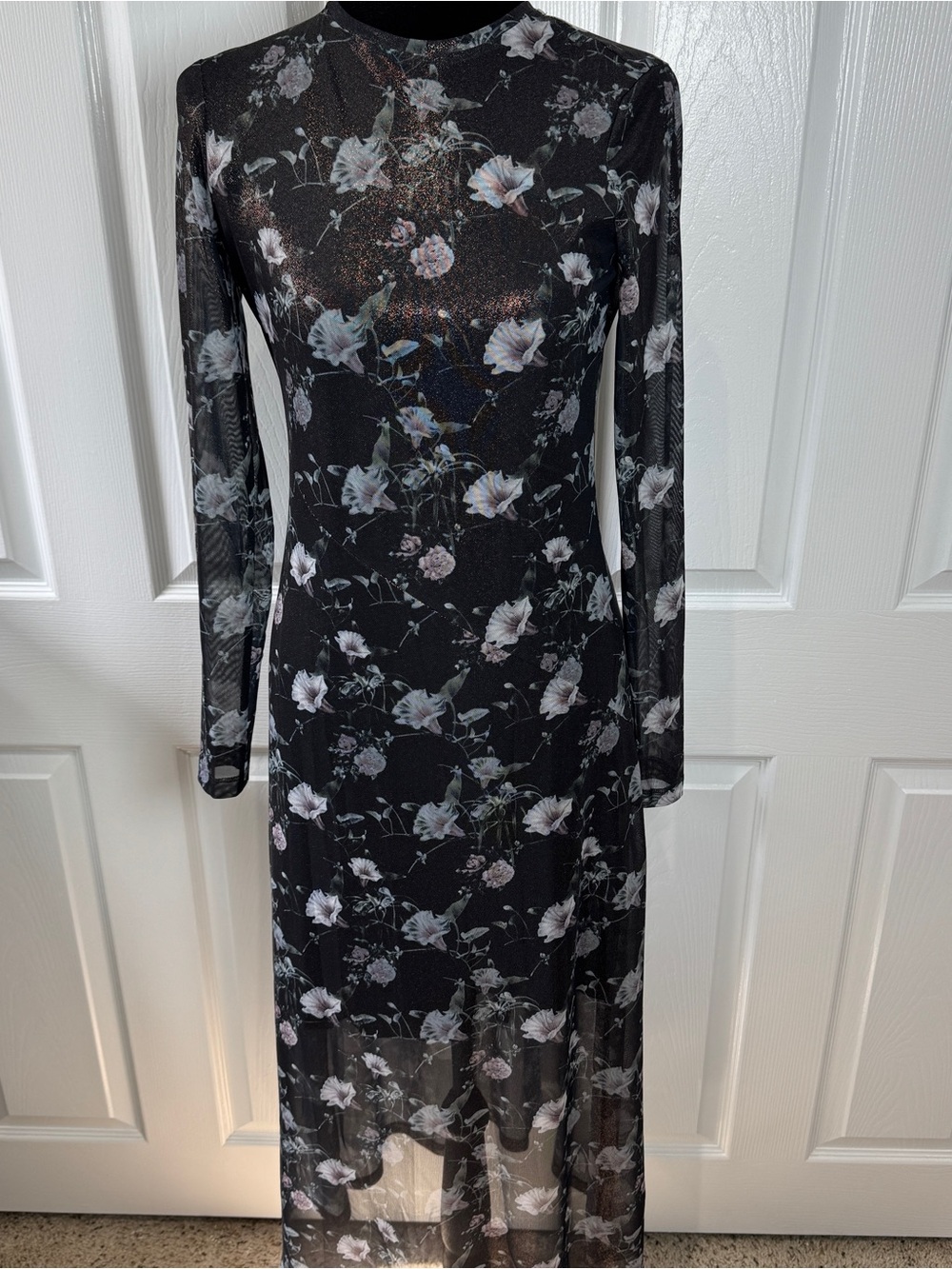Sheer Black Floral Long-Sleeve Maxi Dress